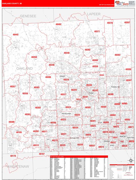 Oakland County Mi Zip Code Wall Map Red Line Style By Marketmaps
