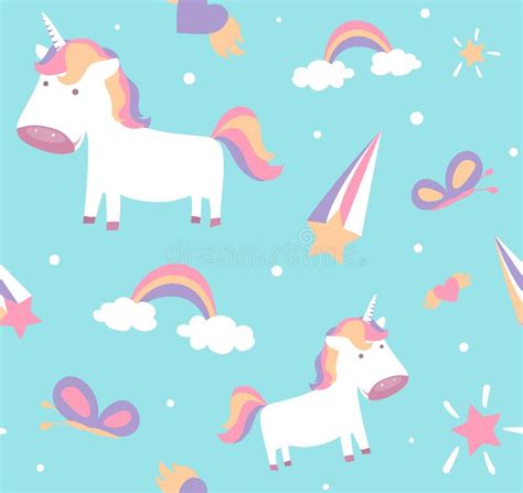Magisch Ontwerp Naadloos Patroon Met Eenhoorn, Regenboog, Harten, Wolken Vector Illustratie ...