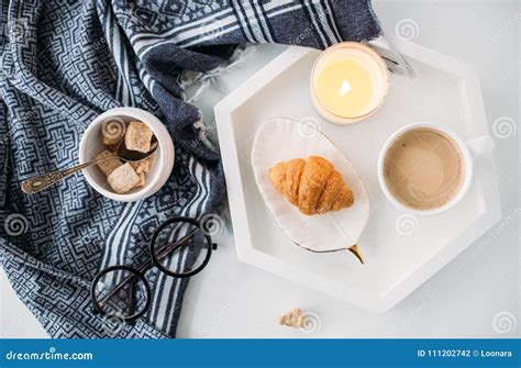 Cozy Home Breakfast Warm Blanket Coffee And Croissant On White Stock