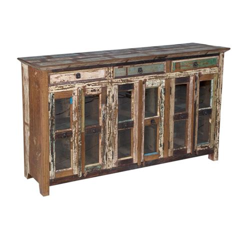 It has a distressed burgundy hue that continues along the periphery of the façade. 71" Long Sideboard Unique Reclaimed Wood Glass Cabinet ...