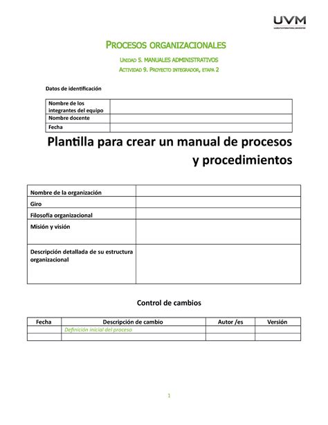 U5 Plantilla Para Crear Manual De Procesos Y Procedimientos Procesos