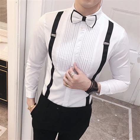 Bow Tie With Suspender Detail Men Long Sleeve Dress Shirt