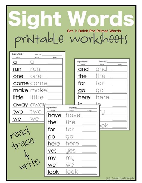 Just Sweet And Simple Preschool Practice Printable Dolch Site Word
