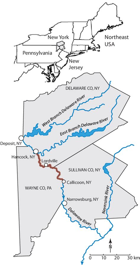 Delaware River Reach Highlighted On The Border Between New York And