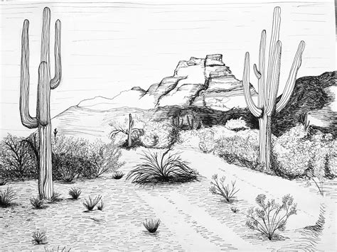 Desert Landscape In Pen And Ink Rdrawing