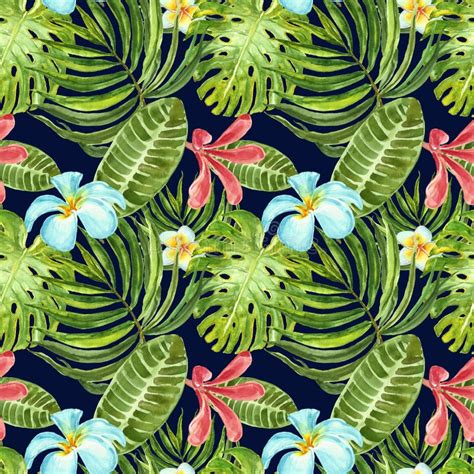 Watercolor Seamless Pattern With Exotic Plants Flowers And Leaves On
