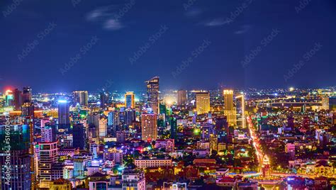 City Skyline At Night Phnom Penh Capital Of Cambodia Stock Photo