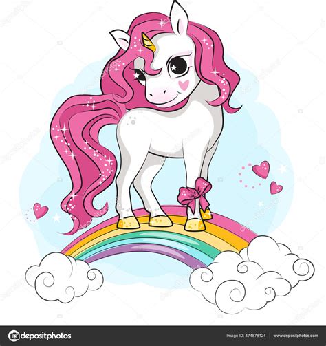Cute Smiling Unicorn Pink Bow Its Leg Rainbow Clouds Beautiful Stock