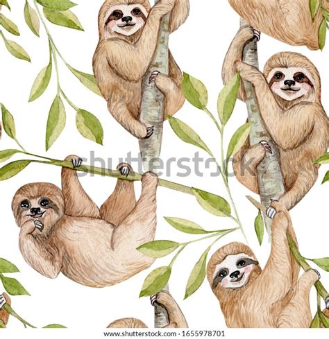 Watercolor Lazy Sloths Tropical Leaves Seamless ภาพประกอบสต็อก