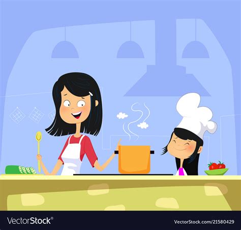 Mom And Daughter Cooking In Kitchen Together Vector Image
