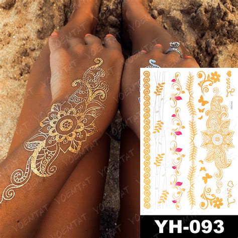 Waterproof Temporary Tattoo Sticker Flowers Mandala Henna Gold Silver