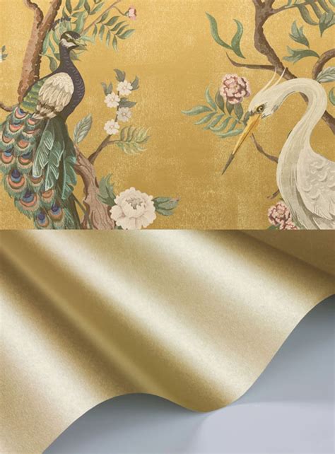 Gold Metallic Chinoiserie Cherry Blossom Bird Luxury Wallpaper Etsy