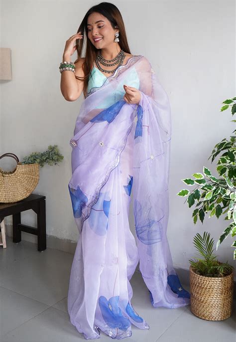 Digital Printed Organza Saree In Light Purple Spf8270