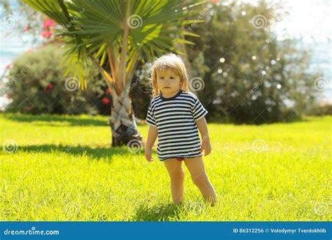 Cute Baby Boy In Striped Tshirt Walks On Green Grass Stock Photo