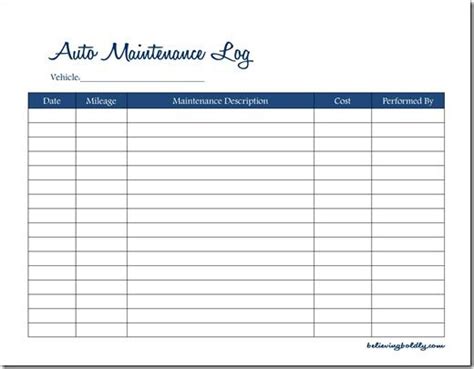 Believing Boldly Auto Maintenance Logfree Printable Home Management