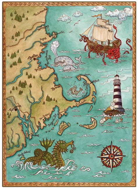 new england coastal map cape cod sea monster art print etsy old maps antique maps vintage