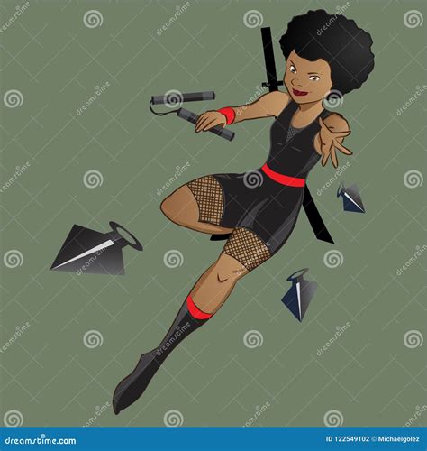 Female Black Afro Ninja Character With Nunchaku And Kunai Stock Vector