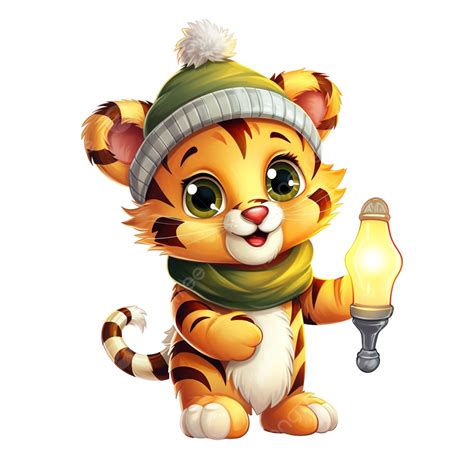 Cute Tiger With Christmas Lamp Cute Christmas Cartoon Illustrations