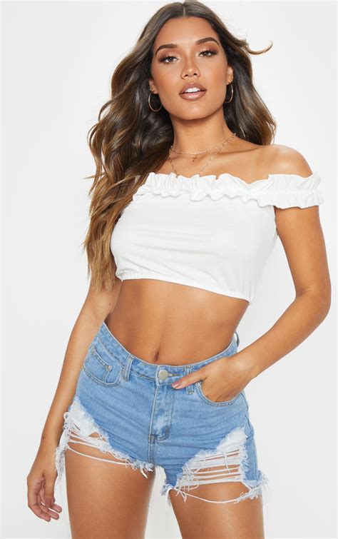 White Ruched Bardot Crop Top Tops Prettylittlething Aus