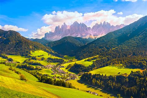 Funes Valley Aerial View And Odle Mountains Dolomites Alps Italy Stock