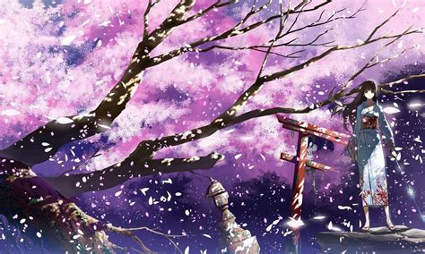 Anime aesthetic anime scenery sakura trees . Anime girl tree sakura beautiful long hair kimono sword ...