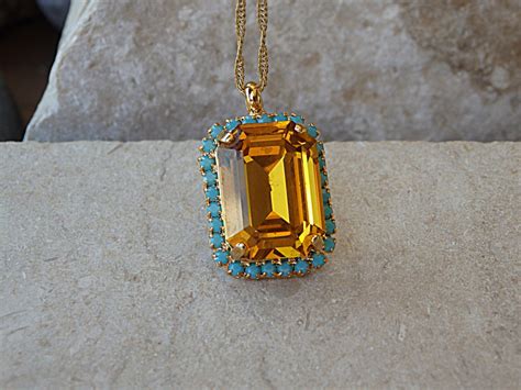 Orange And Turquoise Necklace Topaz Crystal Stone Pendant Mother S