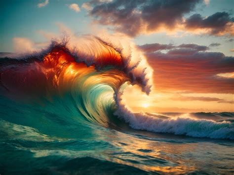 Premium Photo Colorful Ocean Wave Sea Water In Crest Shape Sunset