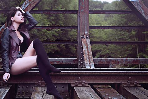 Wallpaper Women Outdoors Nose Rings Brunette Legs Sitting Railway Cigarettes Lipstick