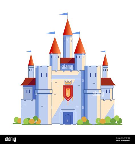 Medieval Fairy Tale Castle With Red Towers And Blue Flags Cartoon