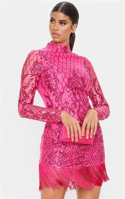Pink Sequin Tassel Hem Bodycon Dress Prettylittlething Ca