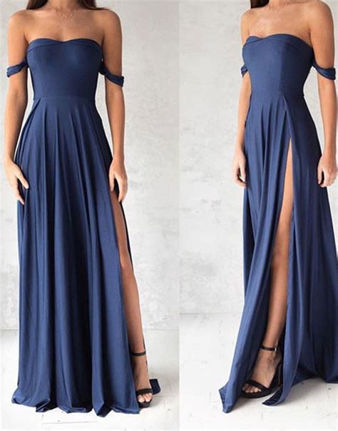 Off The Shoulder Blue Long Prom Dress With Slits2017 A Line Evening