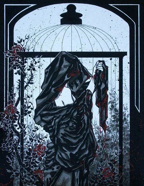 Gothic Robed Woman With Red Roses And Bird Cage Comic Fantasy Art Print Dark Fantasy Fantasy