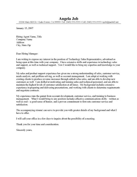 Find great sales cover letter examples right here. Technology Sales Representative Sample - Resume Cover Letter