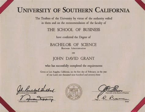 John David Grant Usc School Of Business Bachelor Of Science Diploma