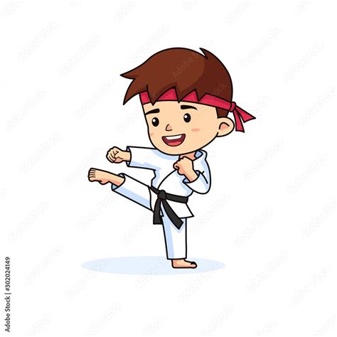 Karate Boy Kids Performing Kick Cartoon Vector Illustration Stock