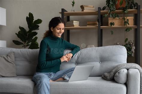 Smiling Latin Woman Use Computer Talk Online On Webcam Stock Image