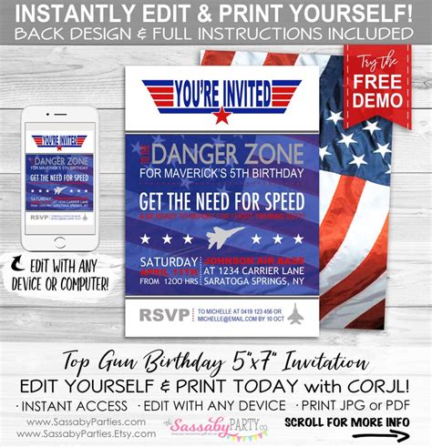 Top Gun Invitation Instant Download Partially Editable And Etsy