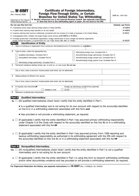 Fillable Form W 8imy Certificate Of Foreign Intermediary Foreign