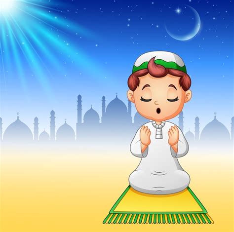 Premium Vector Muslim Kid Sitting On The Prayer Rug While Praying