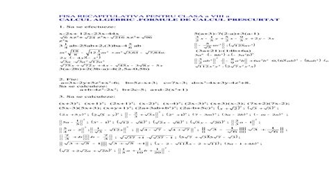 Calcul Algebric Formule De Calcul Prescurtat