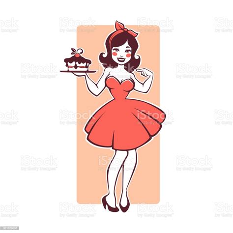 Beauty Retro Pinup Cartoon Girl Holding A Delicious Tasty Cake Stock