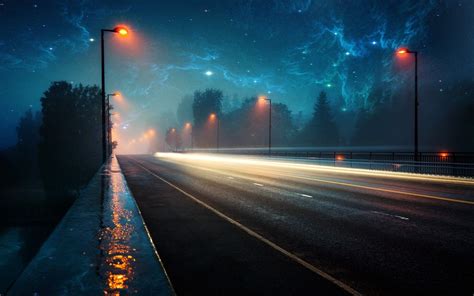 Road Blue Highway Night Lights Streets Rain Wallpapers Night
