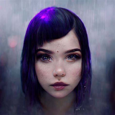 Young Women With Purple And Black Hair Blue Eyes Midjourney