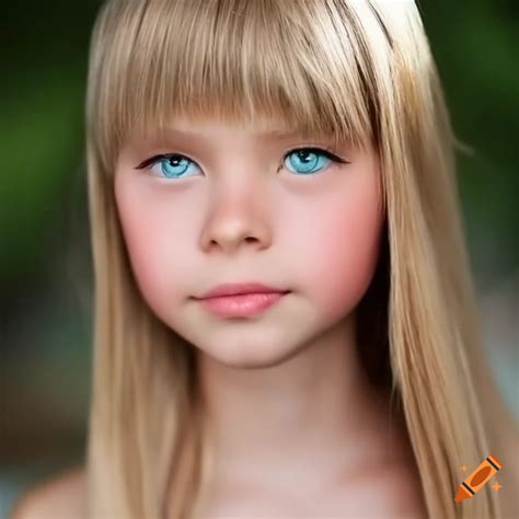 beautiful blonde bangs tween girl portrait real life super detailed enhanced morphs into barbie