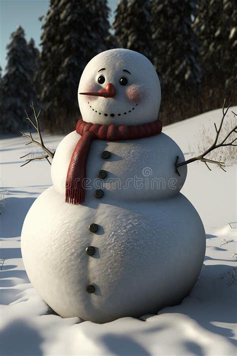 Cartoon Style Illustration Of Classic Snowman In Snowy Field Stock