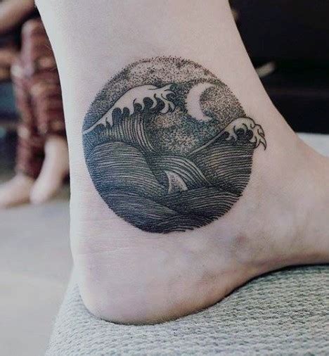 Tiny Homemade Like Black Ink Waves With Moon Tattoo On Ankle