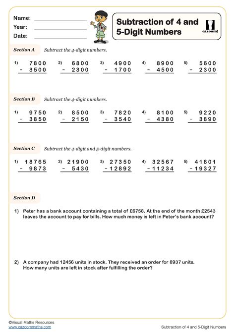 Subtraction Of 4 And 5 Digit Numbers Worksheet Pdf Printable Number