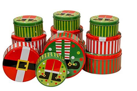 Christmas Nesting T Tins With Lids Set Of 12 Round Empty Metal Tin
