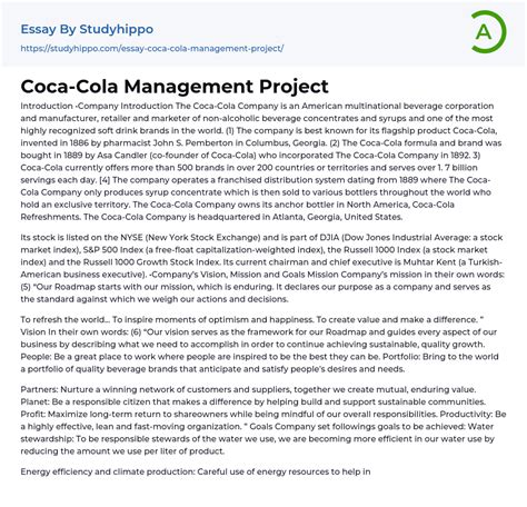 Coca Cola Management Project Essay Example Studyhippo Com
