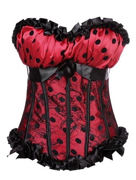 Lace Panel Polka Dot Print Corset Corsets And Bustiers Red And Black